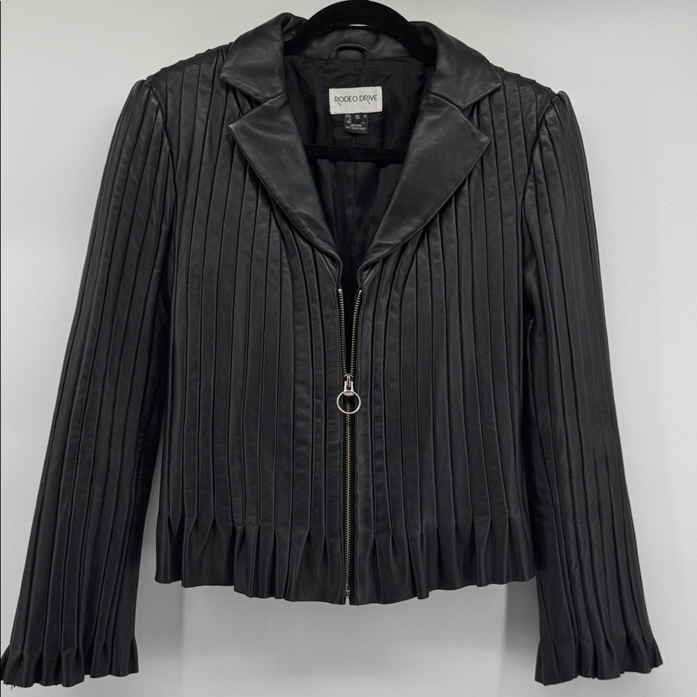 Women's Black Pleated Leather Jacket